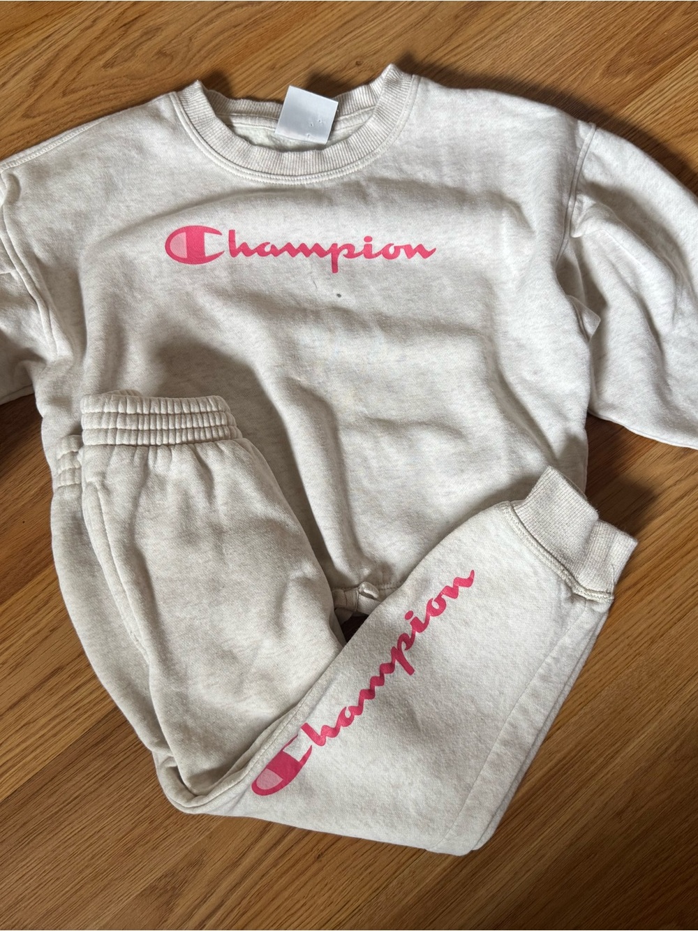 Champion Kids Cream Sweatshirt & Joggers with Pink Logo